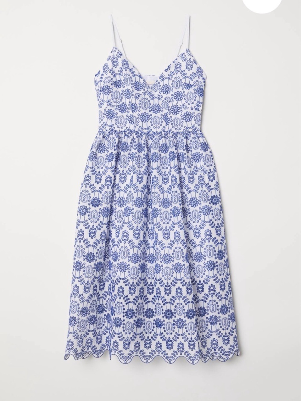 H&M Blue & White Embroidered Spaghetti-Strap Midi Dress